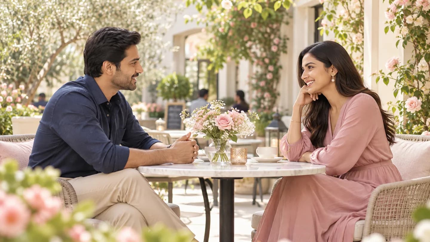 Two adults sharing a relaxed conversation at a cafe