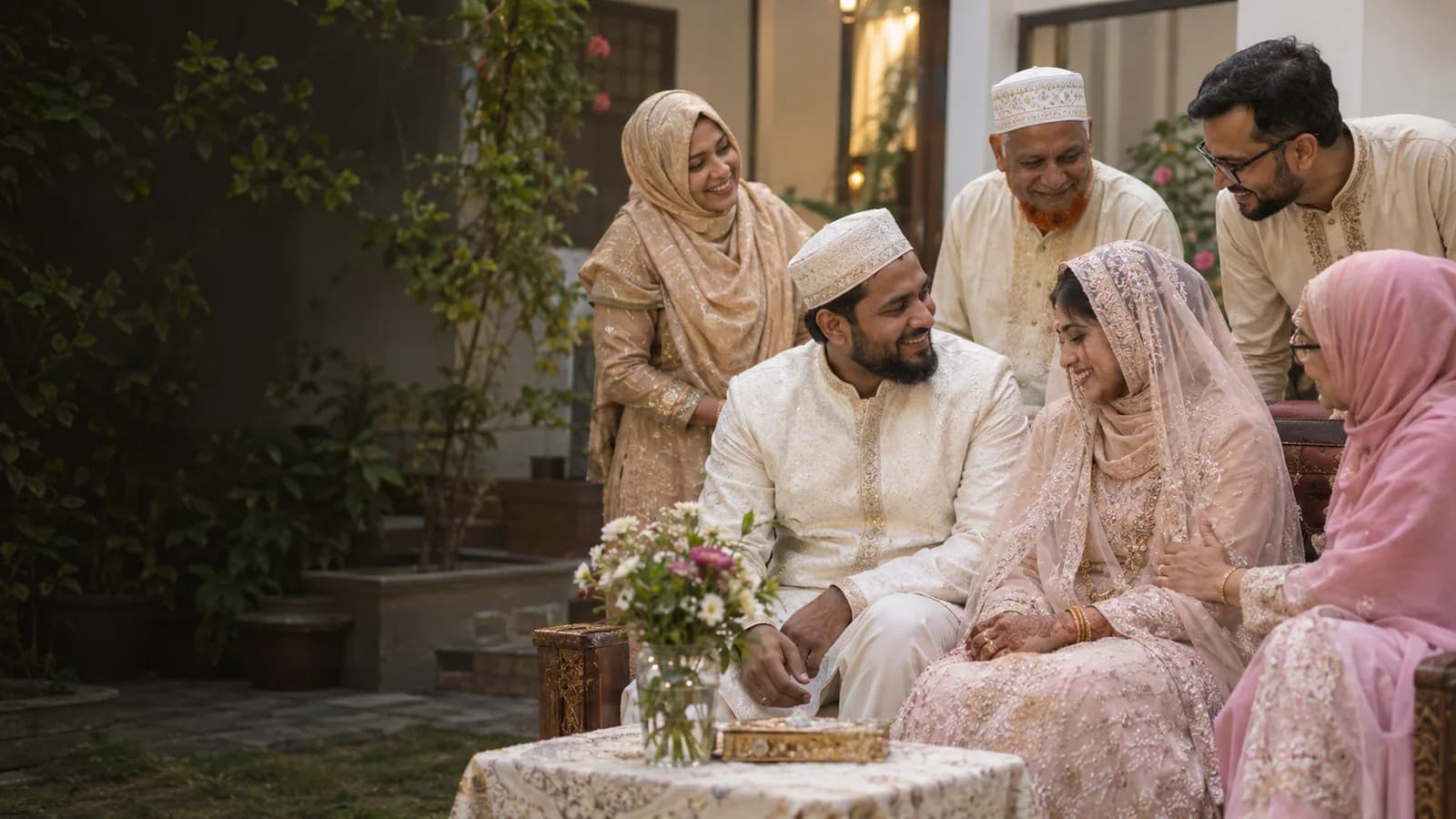 Bangladeshi Muslim couple celebrating their nikah with family