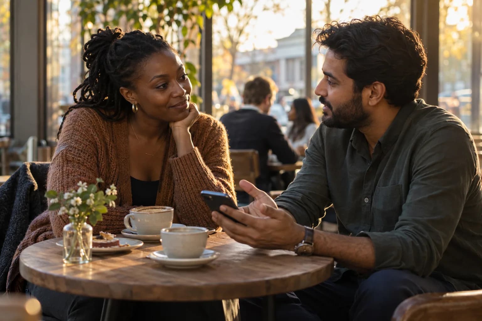 Two adults having a thoughtful conversation in a cafe