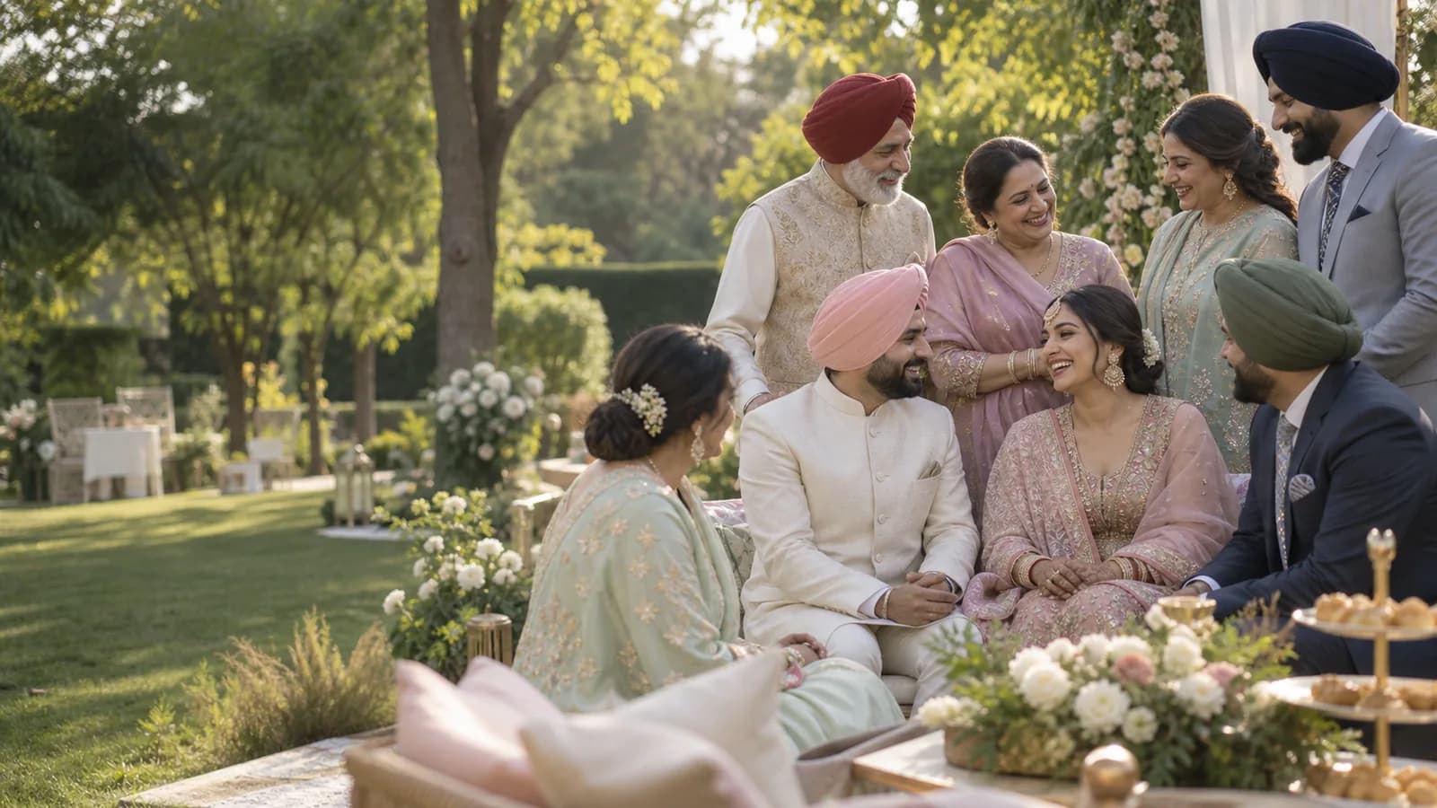Sikh couple and family sharing a conversation at an engagement gathering