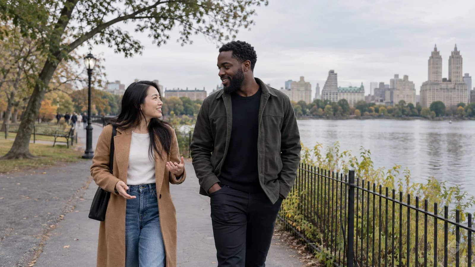 Two adults continuing a conversation on a park walk