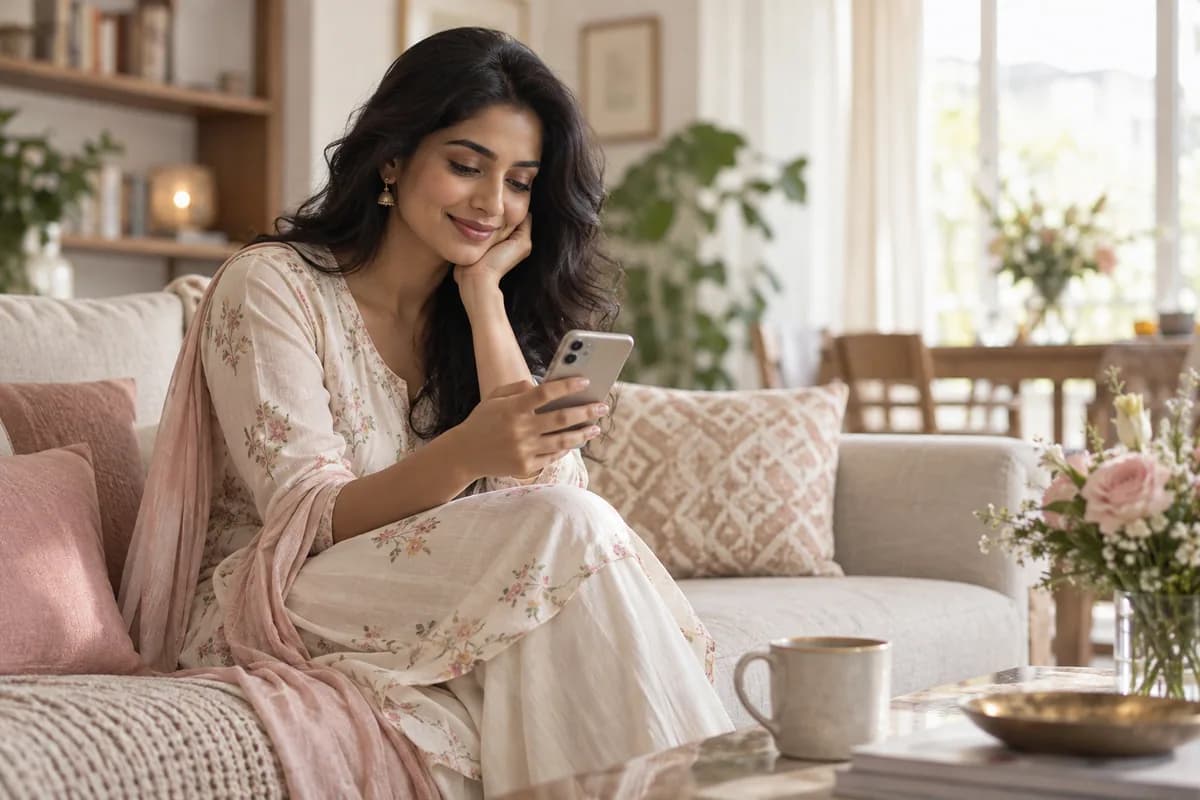 Woman exploring a meaningful connection on her phone at home
