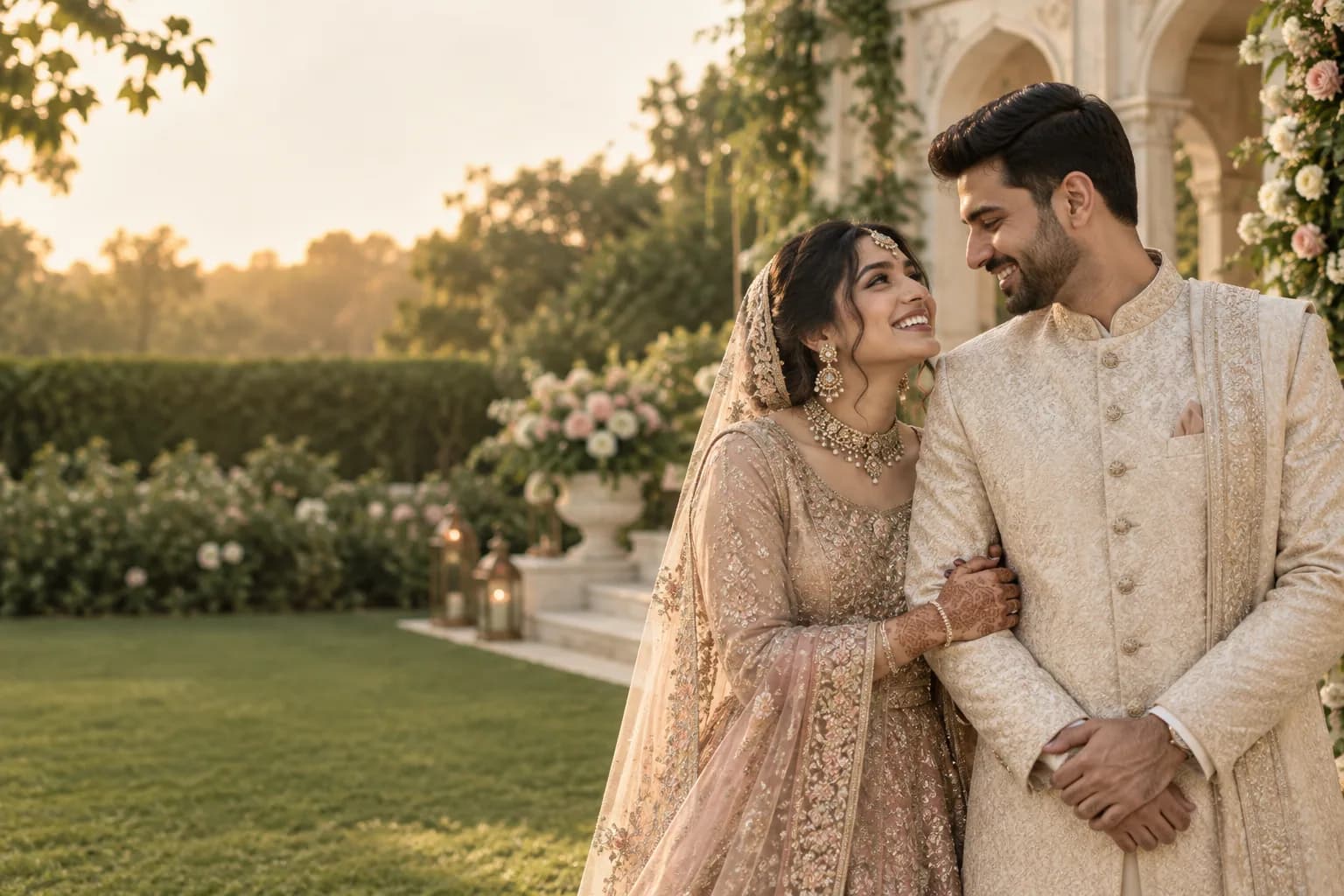 South Asian couple celebrating their wedding journey in a garden