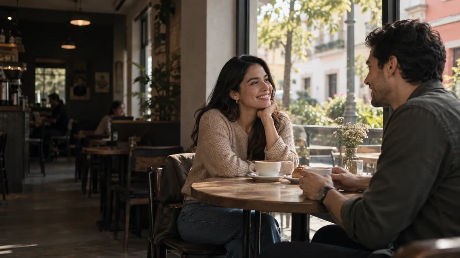 Latin American couple talking over coffee at a neighborhood cafe