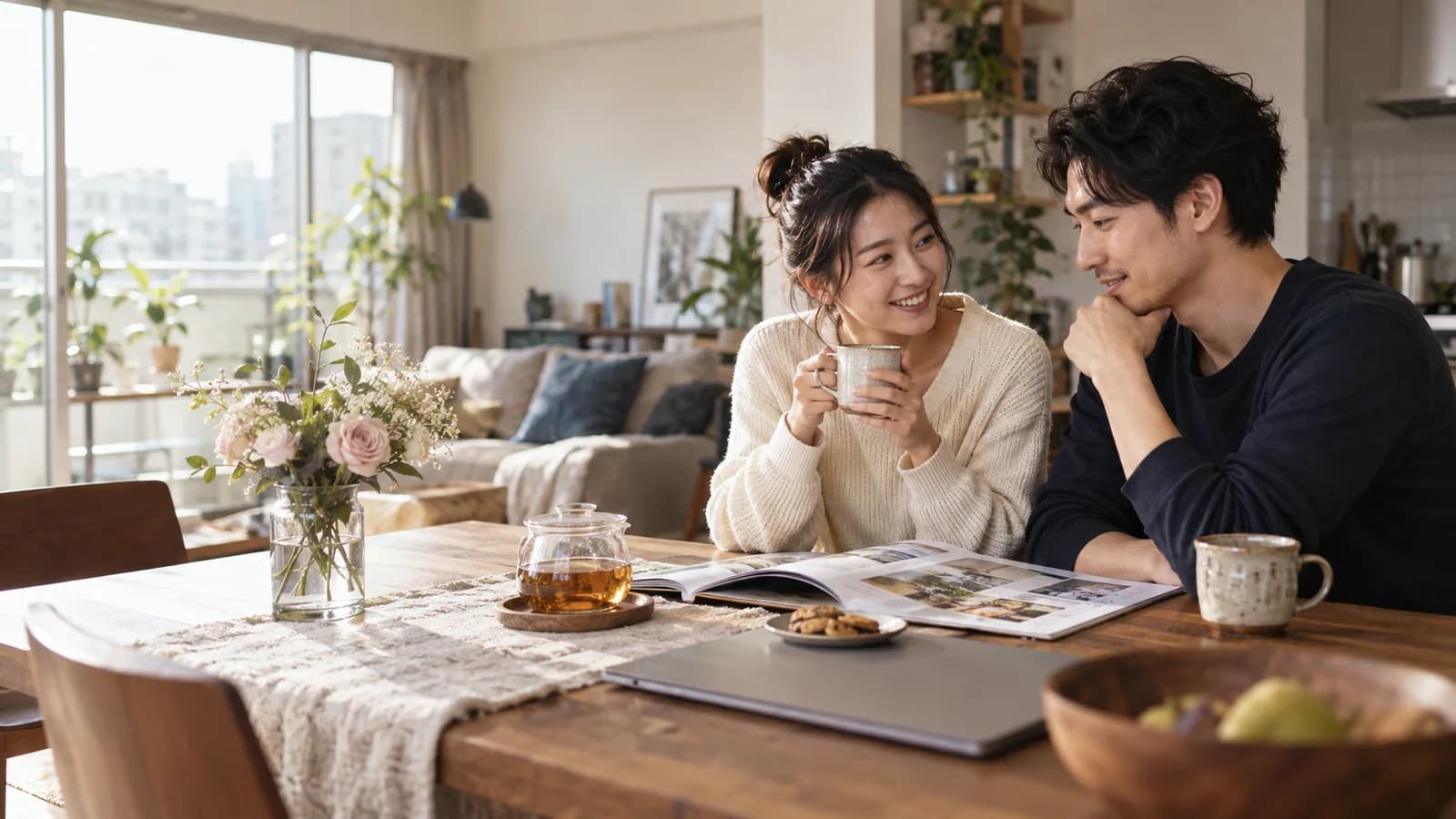 East Asian couple discussing their future together at home