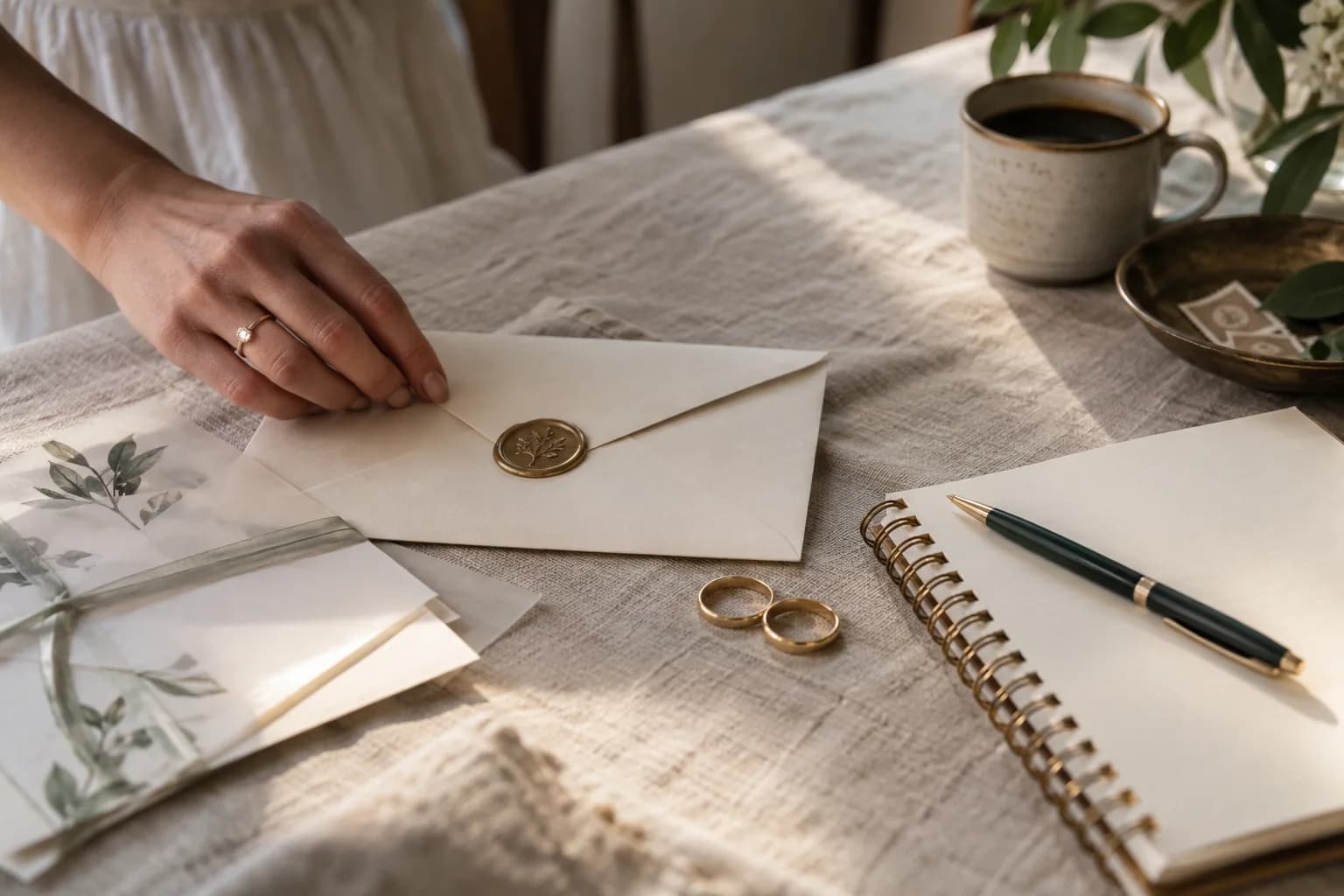 Wedding stationery, rings and a planning notebook on linen